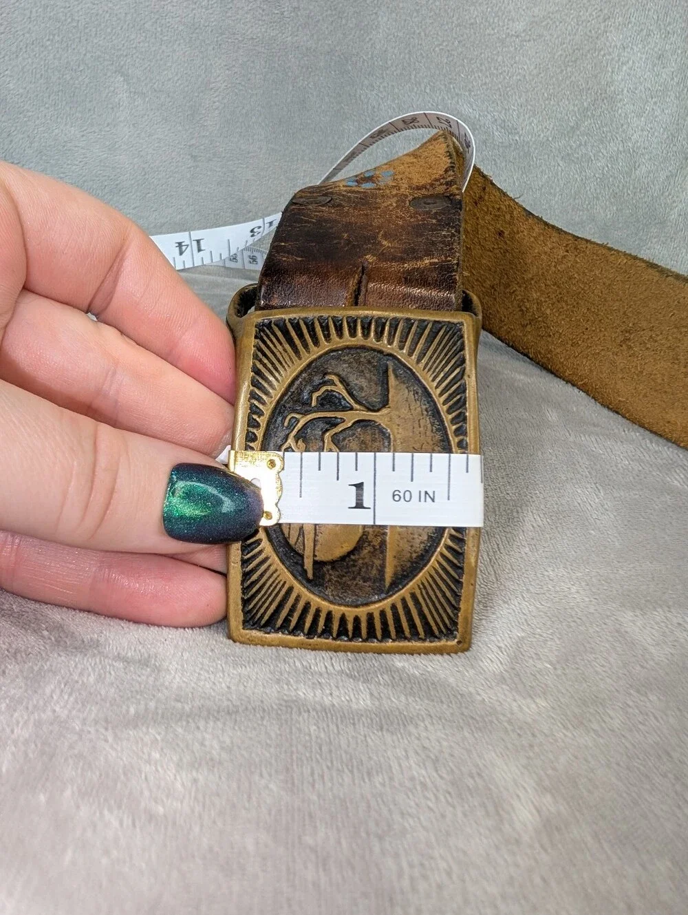 Vintage 1974 Tech Ether Guild La Luna Tree Solid Brass Buckle Leather Belt XL